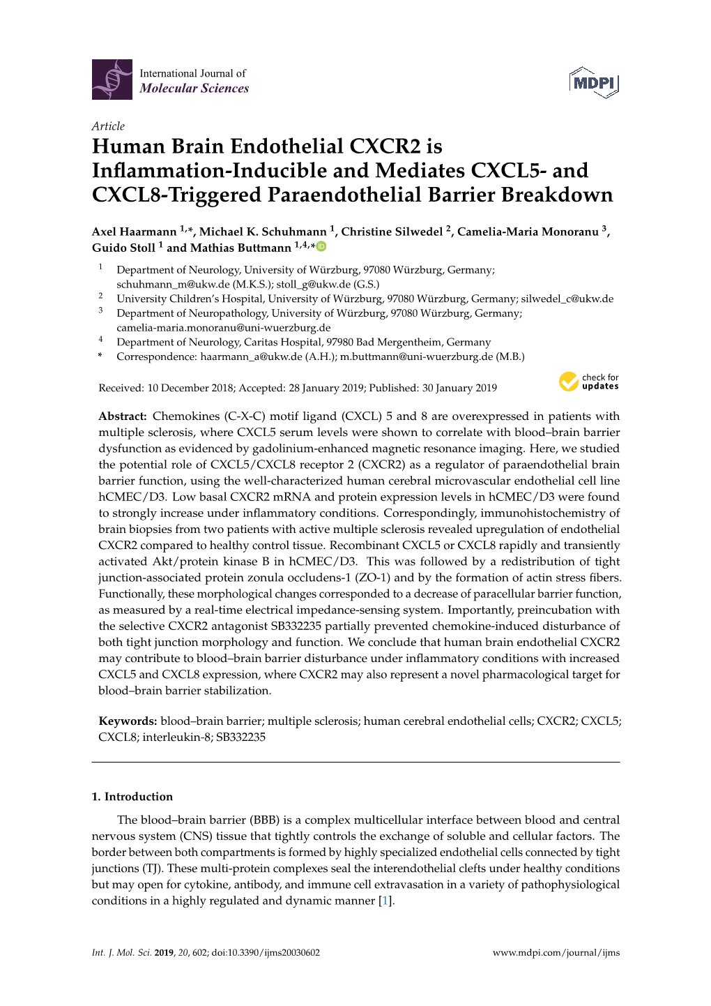 Human Brain Endothelial CXCR2 Is Inflammation-Inducible And