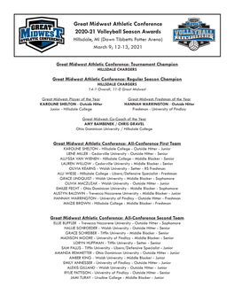 Great Midwest Athletic Conference 2020-21 Volleyball Season Awards Hillsdale, MI (Dawn Tibbetts Potter Arena) 20 21 March 9; 12-13, 2021
