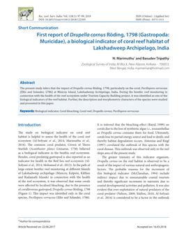 First Report of Drupella Cornus Röding, 1798 (Gastropoda: Muricidae), a Biological Indicator of Coral Reef Habitat of Lakshadweep Archipelago, India