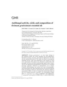 Antifungal Activity, Yield, and Composition of Ocimum Gratissimum Essential Oil