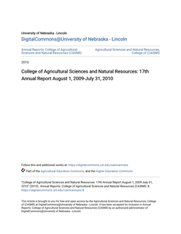 College of Agricultural Sciences and Natural Resources: 17Th Annual Report August 1, 2009-July 31, 2010
