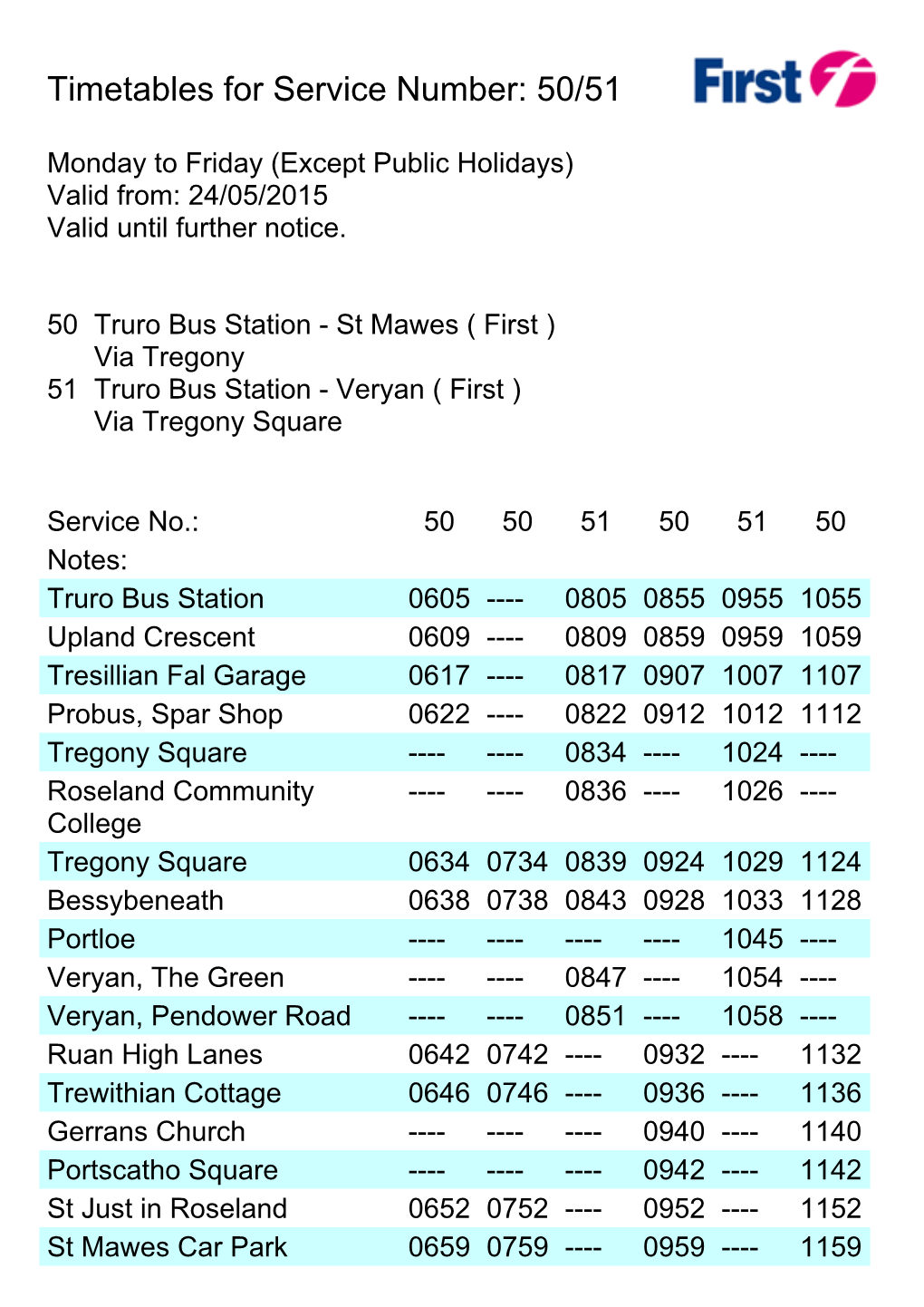 Timetables for Service Number: 50/51