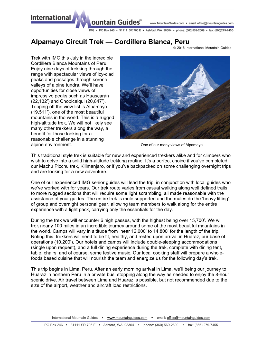 Alpamayo Circuit Trek — Cordillera Blanca, Peru  2016 International Mountain Guides