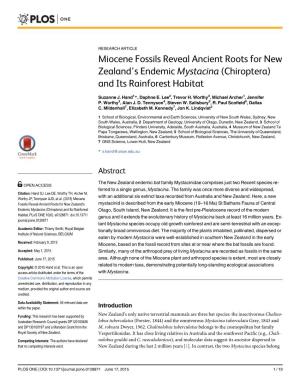 Miocene Fossils Reveal Ancient Roots for New Zealand’S Endemic Mystacina (Chiroptera) and Its Rainforest Habitat