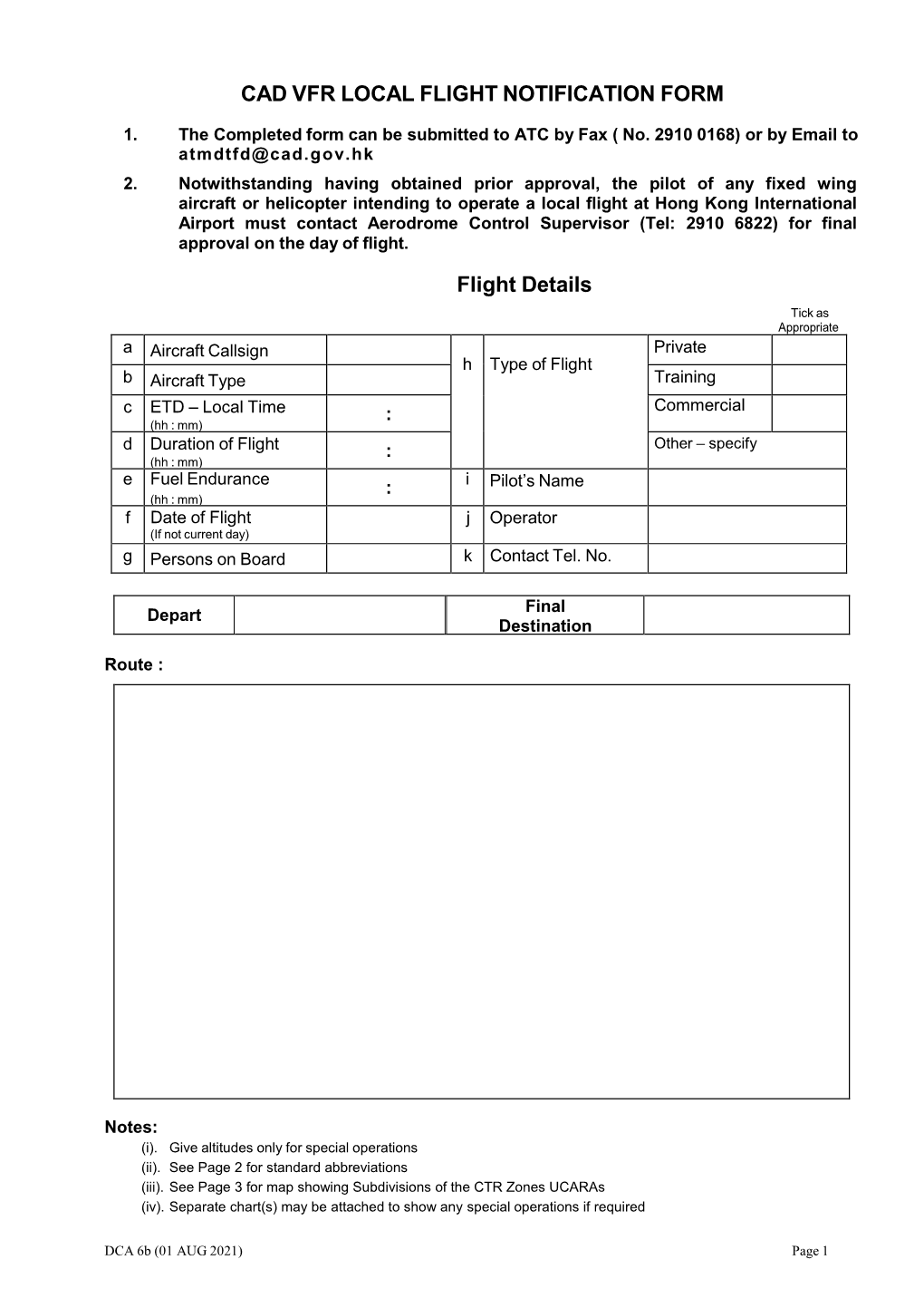 Cad Vfr Local Flight Notification Form