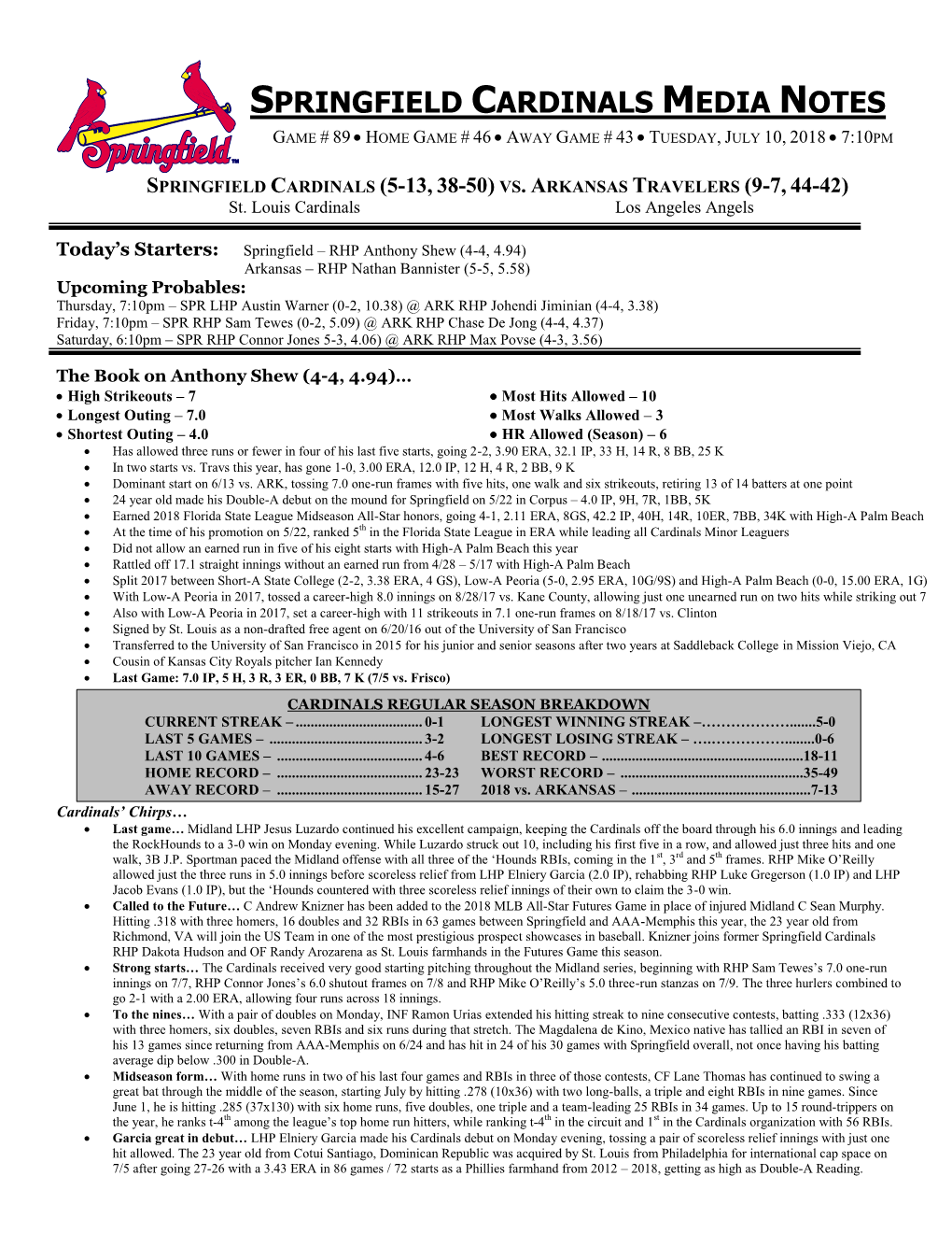 Springfield Cardinals Media Notes Game # 89  Home Game # 46  Away Game # 43  Tuesday, July 10, 2018  7:10Pm