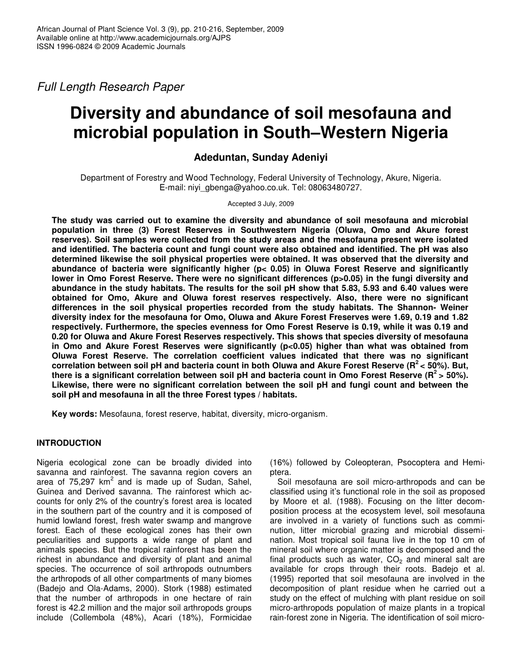 Diversity and Abundance of Soil Mesofauna and Microbial Population in South–Western Nigeria