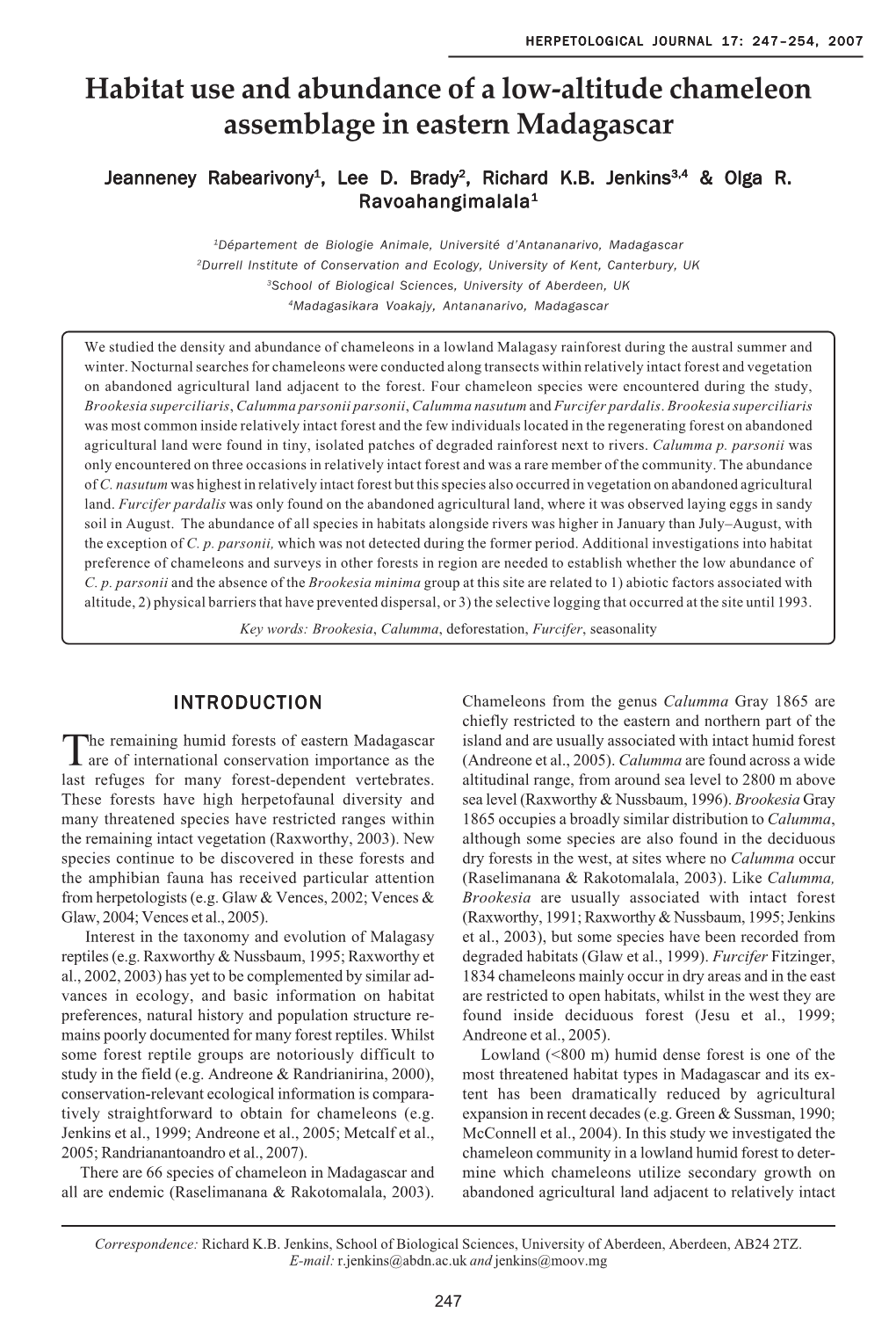 Habitat Use and Abundance of a Low-Altitude Chameleon Assemblage in Eastern Madagascar