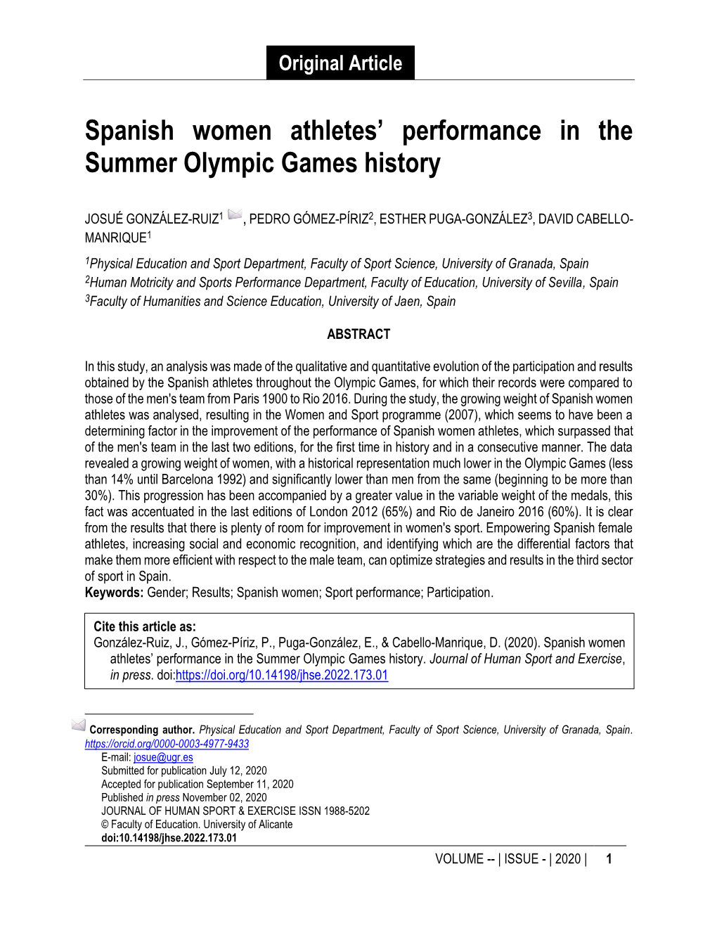 Spanish Women Athletes' Performance in the Summer Olympic Games History