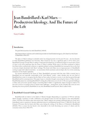 Jean Baudrillard's Karl Marx — Productivist Ideology, and the Future of the Left