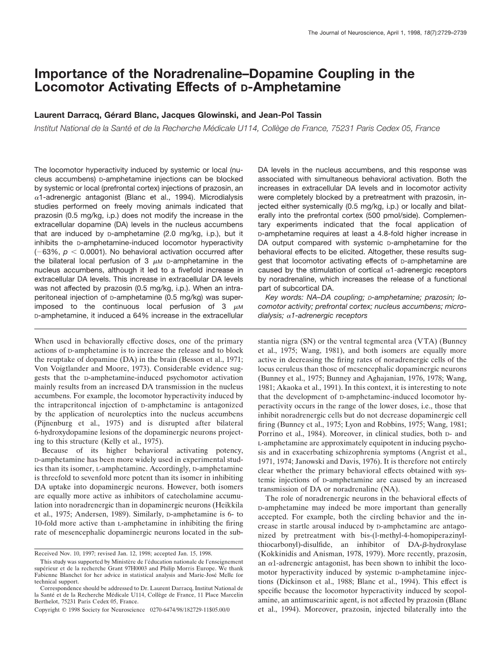 Importance of the Noradrenaline–Dopamine Coupling in the Locomotor Activating Effects of D-Amphetamine