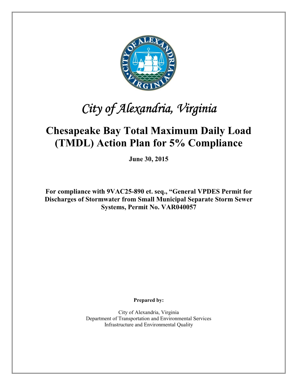 City of Alexandria, Virginia Chesapeake Bay TMDL Action Plan Phase I for 5% Compliance