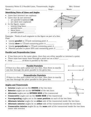 Geometry Notes G.2 Parallel Lines, Transversals, Angles Mrs. Grieser Name: Date