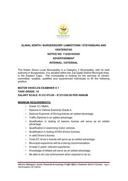 Aliwal North / Burgersdorp /Jamestown / Steynsburg and Venterstad Notice No: 112/2019/2020 Advertisement Internal / External