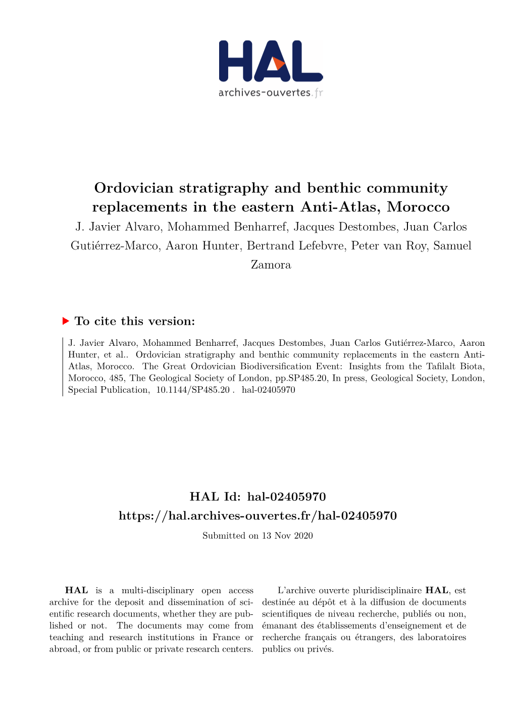 Ordovician Stratigraphy and Benthic Community Replacements in the Eastern Anti-Atlas, Morocco J