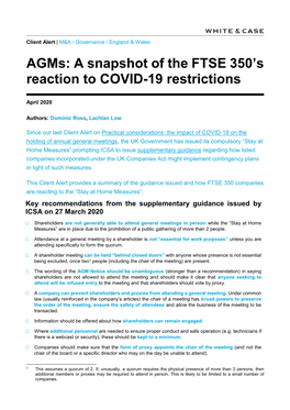 Agms: a Snapshot of the FTSE 350'S Reaction to COVID-19 Restrictions