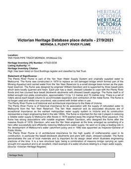 Victorian Heritage Database Place Details - 27/9/2021 MERNDA 3, PLENTY RIVER FLUME