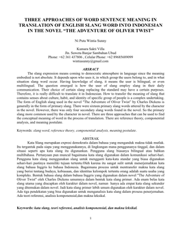 Three Approaches of Word Sentence Meaning in Translation of English Slang Word Into Indonesian in the Novel “The Adventure of Oliver Twist”