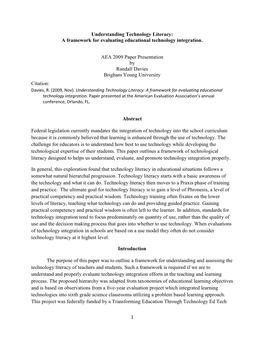 Understanding Technology Literacy: a Framework for Evaluating Educational Technology Integration. AEA 2009 Paper Presentation B