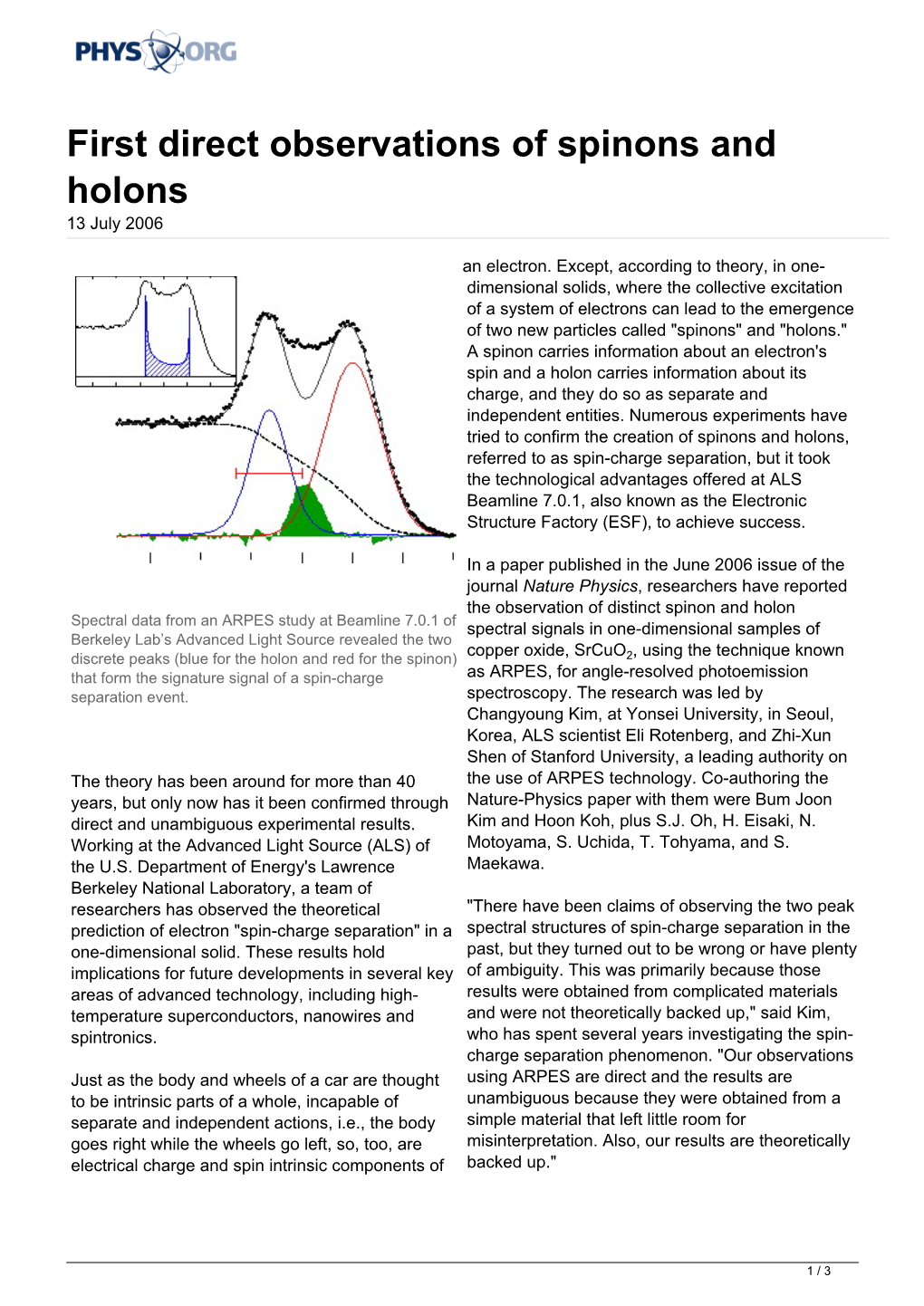 First Direct Observations of Spinons and Holons 13 July 2006