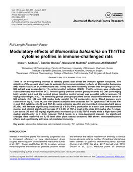 Modulatory Effects of Momordica Balsamina on Th1/Th2 Cytokine Profiles in Immune-Challenged Rats