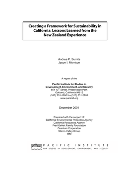 Creating a Framework for Sustainability in California: Lessons Learned from the New Zealand Experience