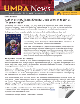 Author, Activist, Regent Emeritus Josie Johnson to Join Us