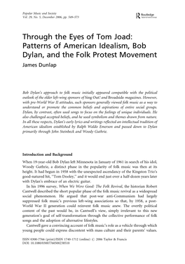 Through the Eyes of Tom Joad: Patterns of American Idealism, Bob Dylan, and the Folk Protest Movement James Dunlap