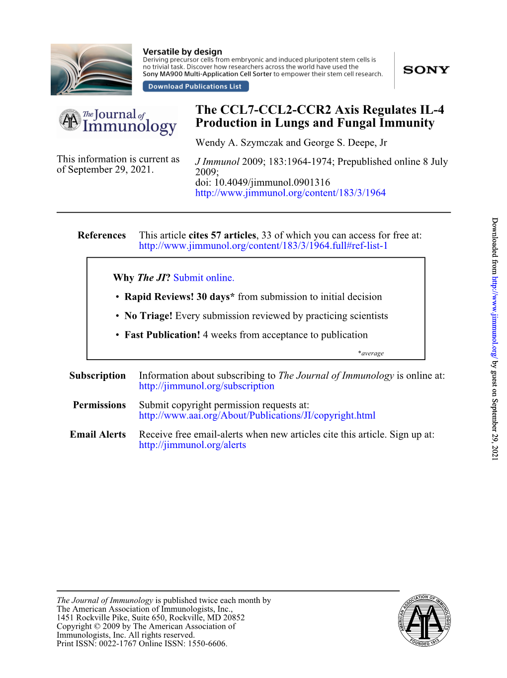 The CCL7-CCL2-CCR2 Axis Regulates IL-4 Production in Lungs and Fungal Immunity Wendy A