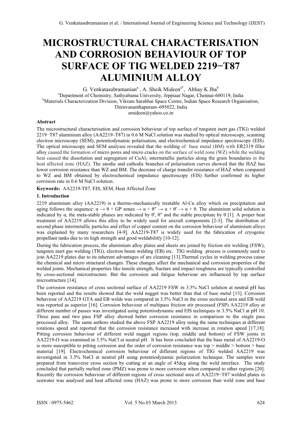 Microstructural Characterisation and Corrosion Behaviour of Top Surface of Tig Welded 2219−T87 Aluminium Alloy G