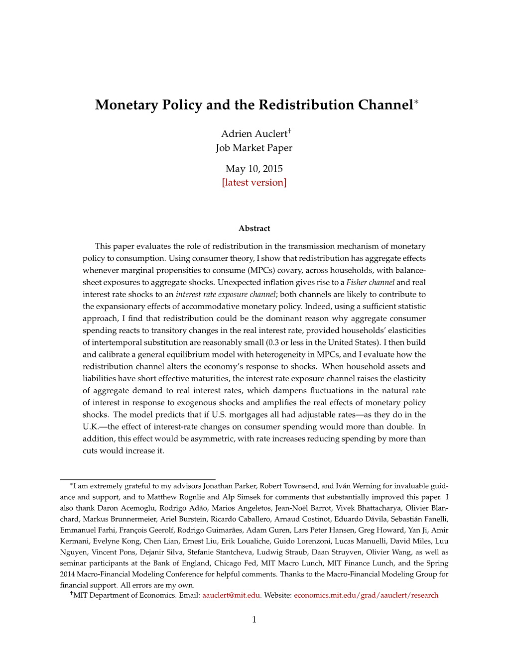 Monetary Policy and the Redistribution Channel∗