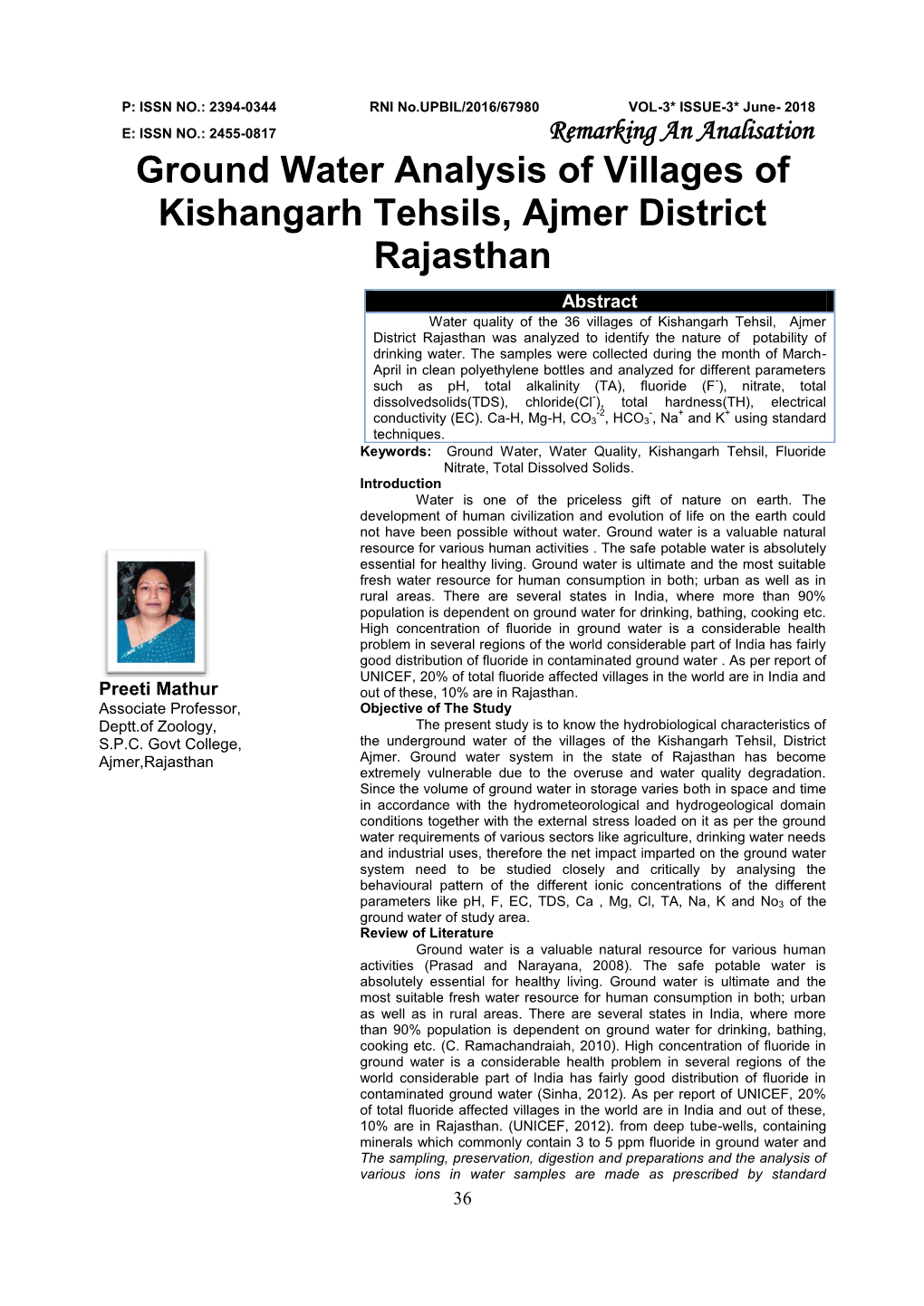 Ground Water Analysis of Villages of Kishangarh Tehsils, Ajmer District