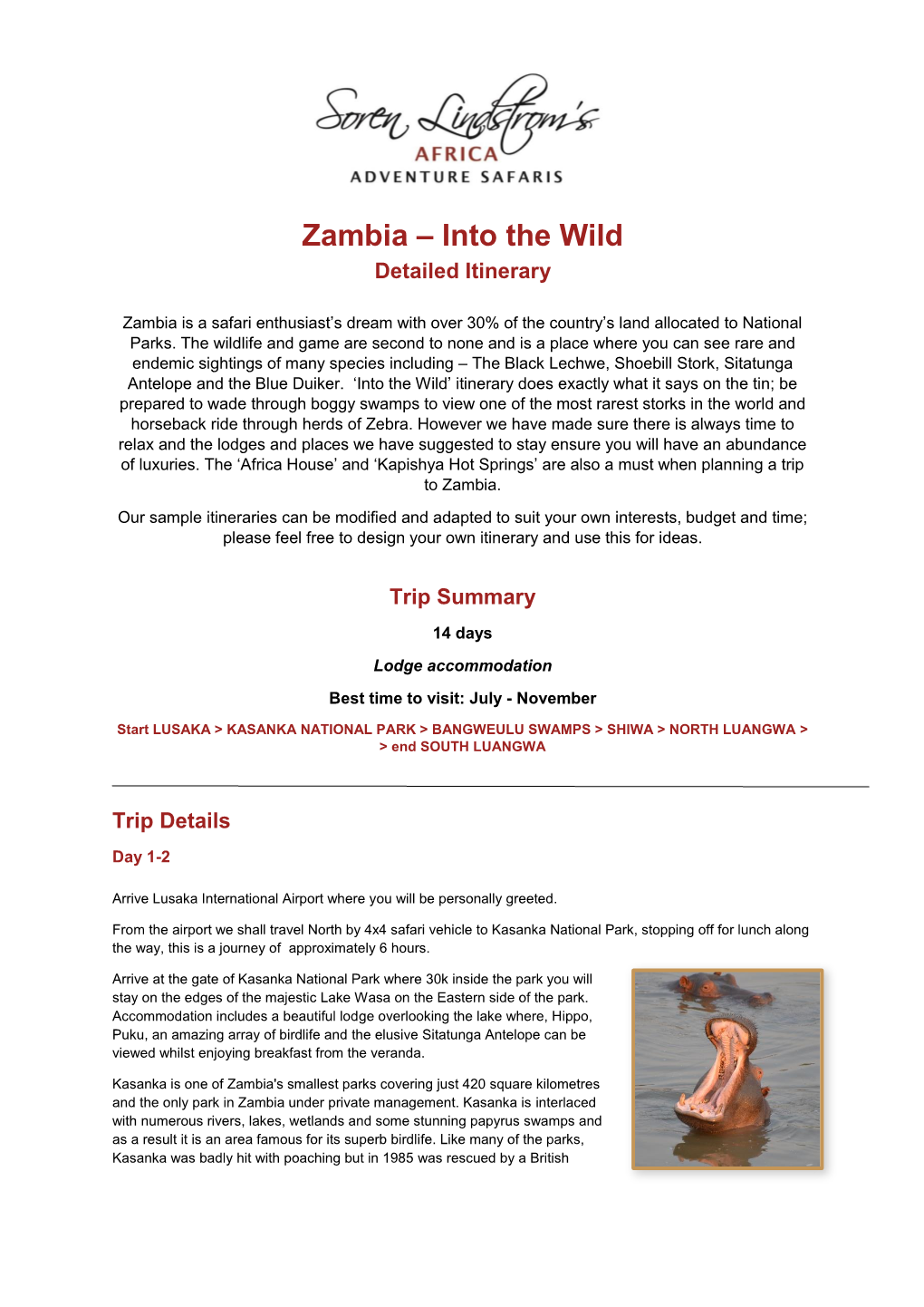 Zambia – Into the Wild Detailed Itinerary