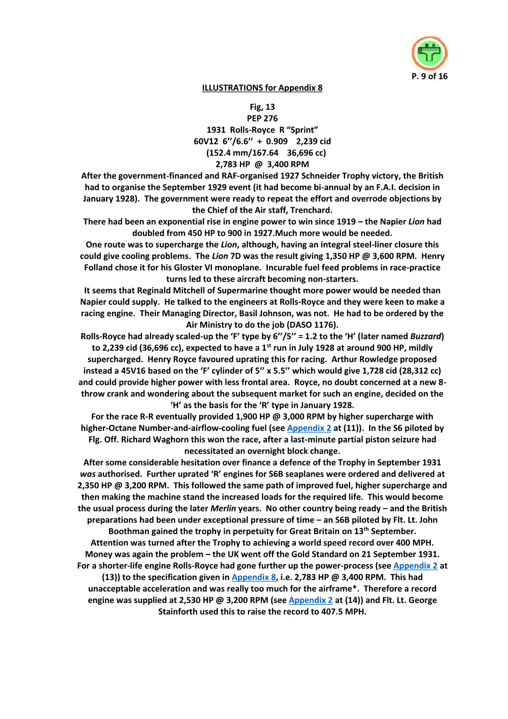 P. 9 of 16 ILLUSTRATIONS for Appendix 8 Fig, 13 PEP 276 1931 Rolls-Royce R