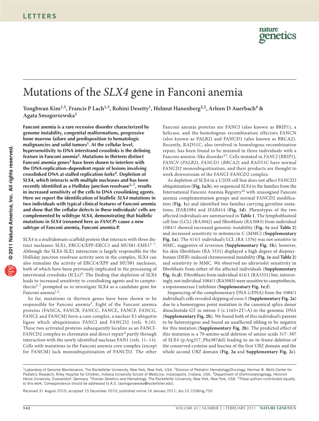 Mutations of the SLX4 Gene in Fanconi Anemia