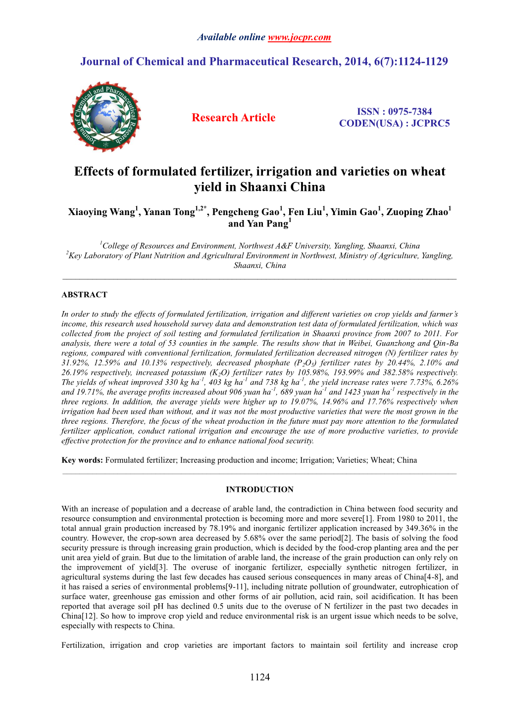 Effects of Formulated Fertilizer, Irrigation and Varieties on Wheat Yield in Shaanxi China