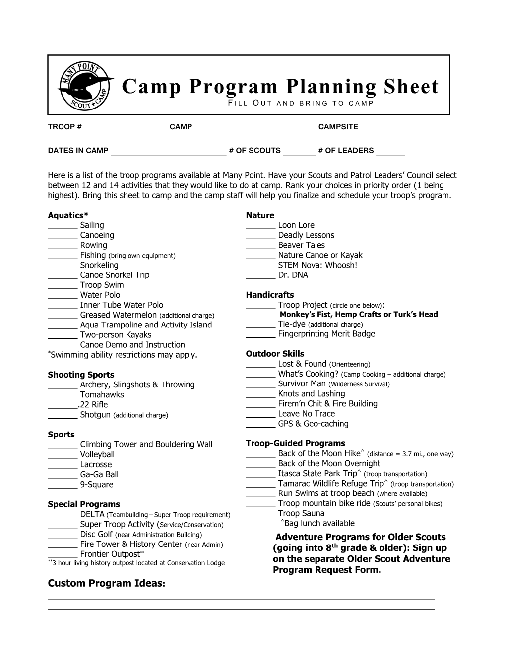 Camp Program Planning Sheet