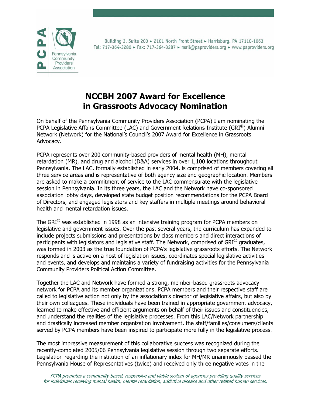 NCCBH 2007 Award for Excellence in Grassroots Advocacy Nomination