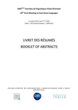 Livret Des Résumés Booklet of Abstracts