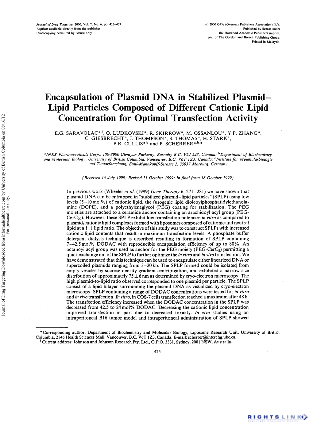 Encapsulation of Plasmid DNA in Stabilized Plasmid – Lipid Particles