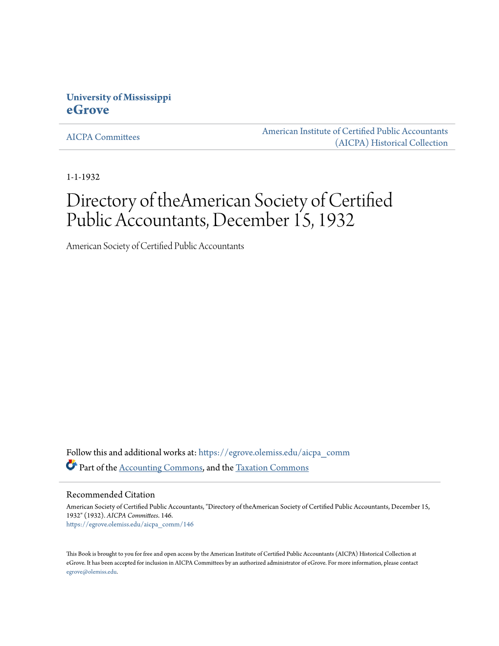 Directory of Theamerican Society of Certified Public Accountants, December 15, 1932 American Society of Certified Public Accountants
