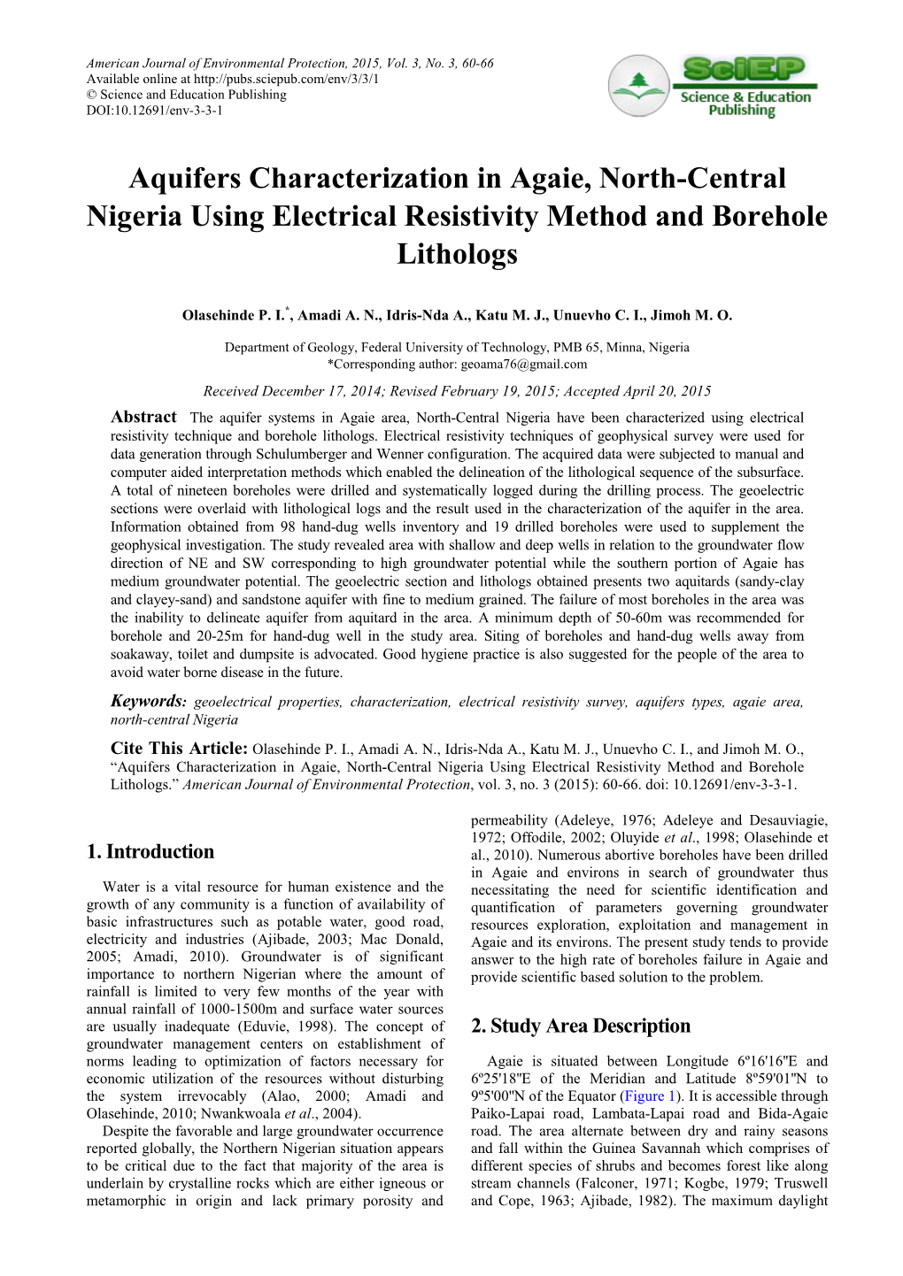 Aquifers Characterization in Agaie, North-Central Nigeria Using Electrical Resistivity Method and Borehole Lithologs