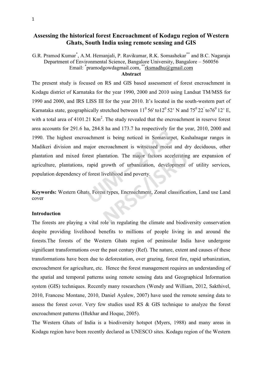 Assessing the Historical Forest Encroachment of Kodagu Region of Western Ghats, South India Using Remote Sensing and GIS