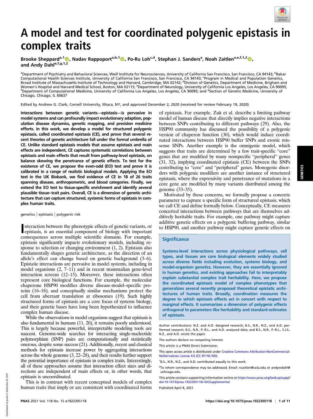 A Model and Test for Coordinated Polygenic Epistasis in Complex Traits