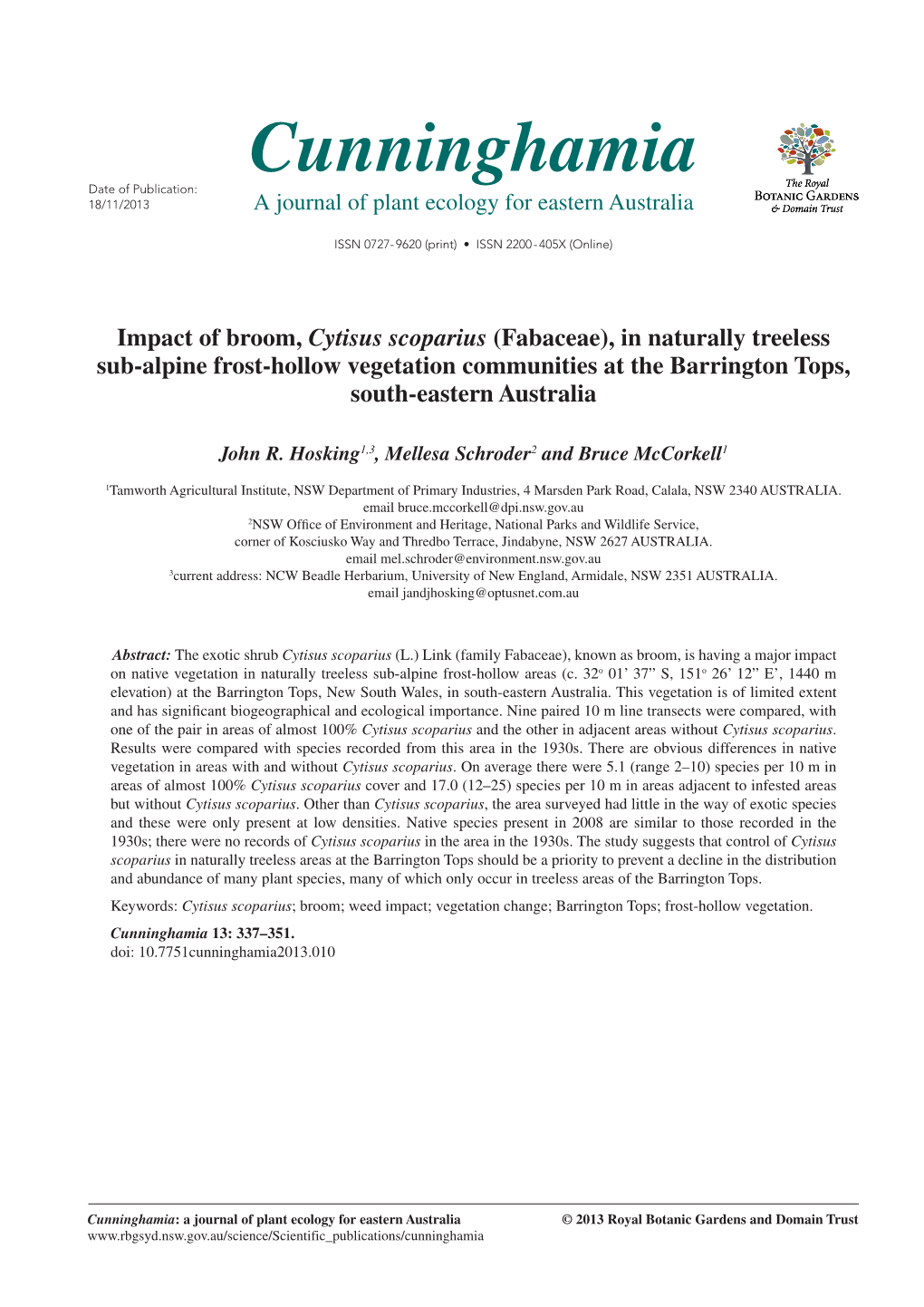 Cunninghamia Date of Publication: 18/11/2013 a Journal of Plant Ecology for Eastern Australia