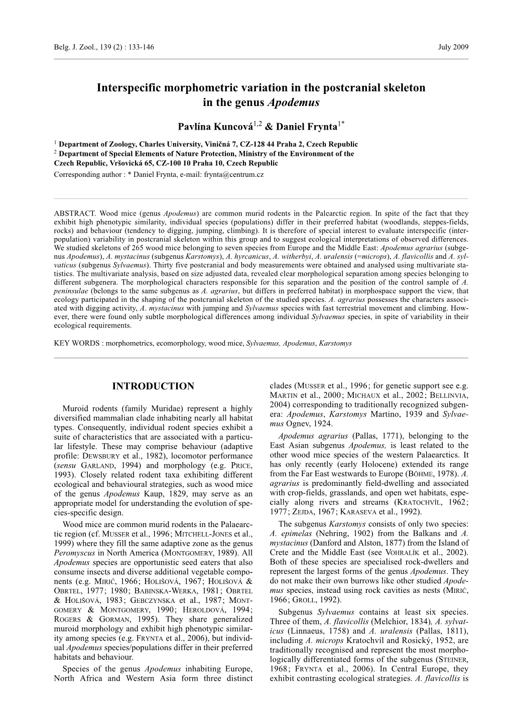 Interspecific Morphometric Variation in the Postcranial Skeleton in the Genus Apodemus