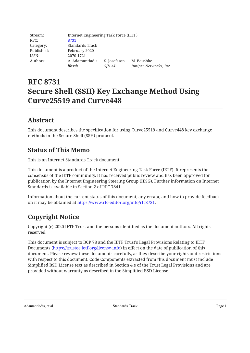 RFC 8731: Secure Shell (SSH) Key Exchange Method Using