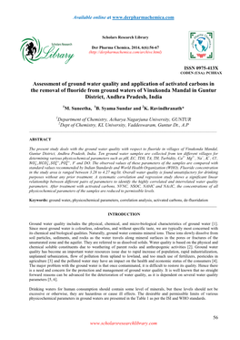 Assessment of Ground Water Quality and Application of Activated Carbons in the Removal of Fluoride from Ground Waters of Vinukon