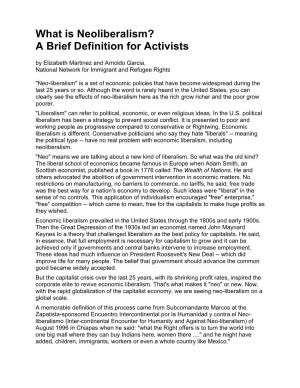 What Is Neoliberalism? a Brief Definition for Activists by Elizabeth Martinez and Arnoldo Garcia, National Network for Immigrant and Refugee Rights