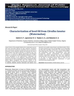 Characterization of Seed Oil from Citrullus Lanatus (Watermelon)